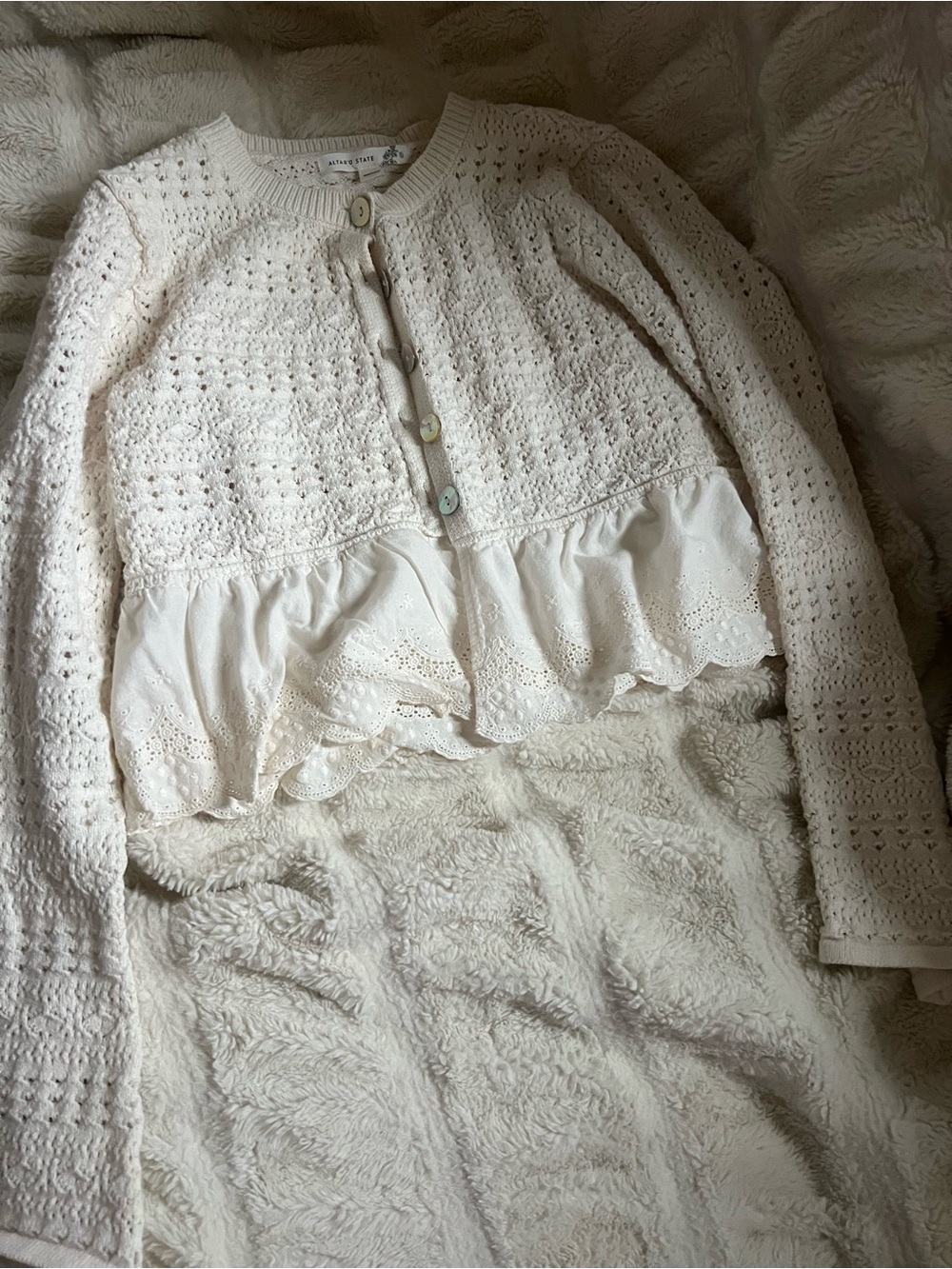 Altar'd State Cream Crochet Knit Ruffled Hem Cardigan
